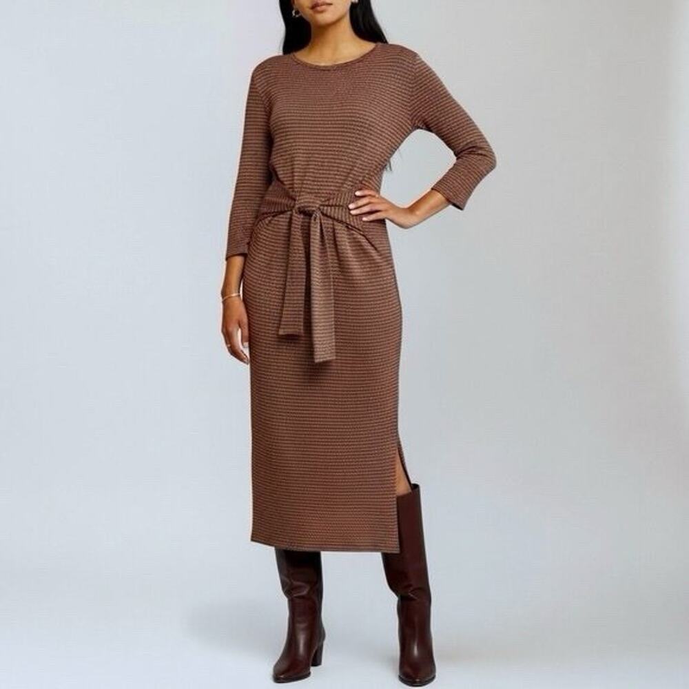 Amour Vert Colombe Scallop Stripe Ribbed Knit Midi Dress Minimalist Size Small